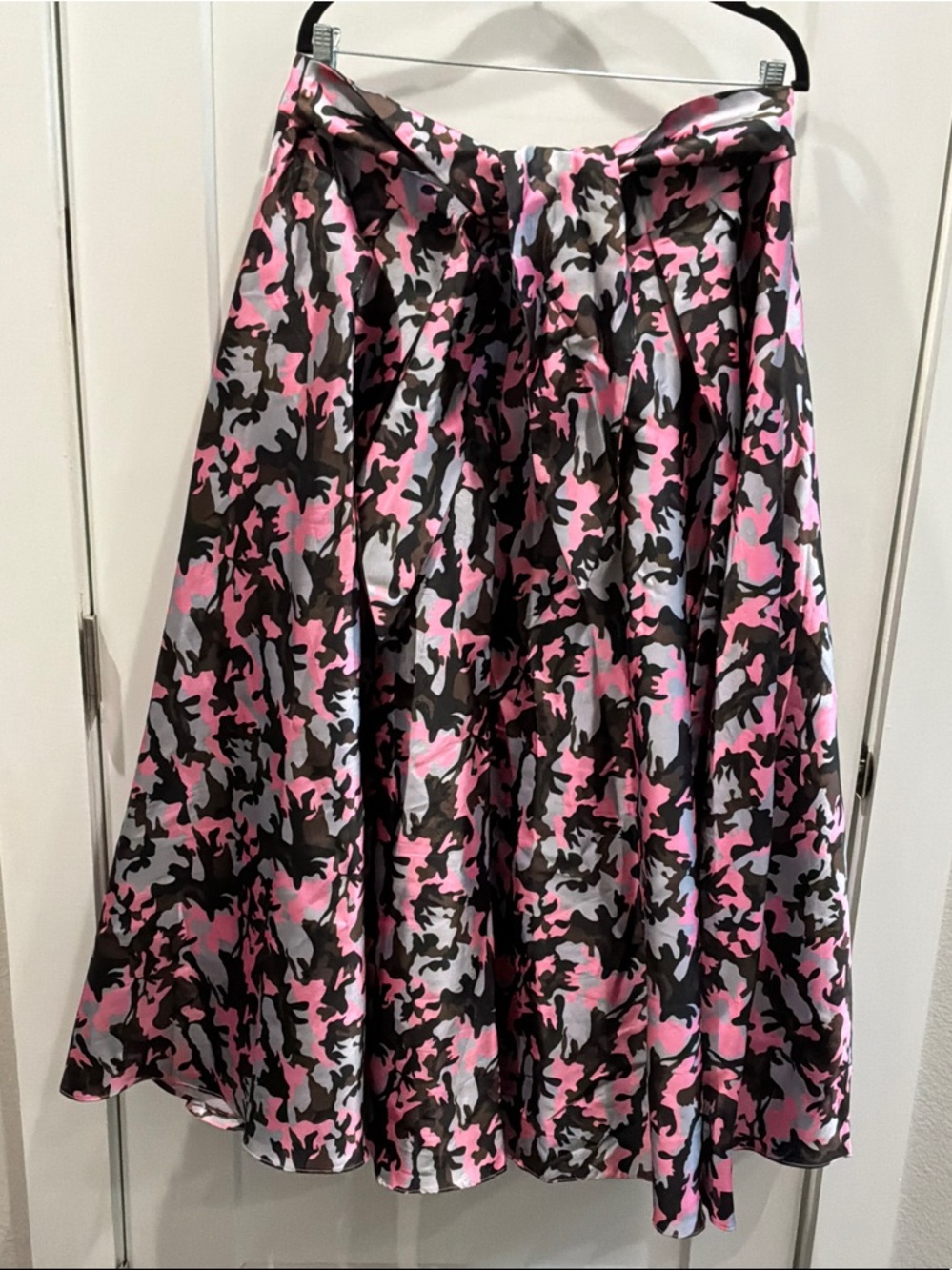 A-Line Midi Skirt Pink Camo Print Pleated Lined Wedding Photo Flare Bow Tie 1XL